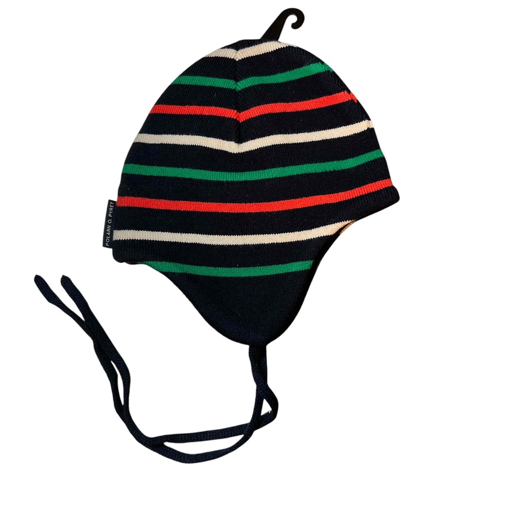 Polarn O. Pyret Blue Striped Ear Flaps Ties‎ Beanie Hat Unisex Baby 1-4M New